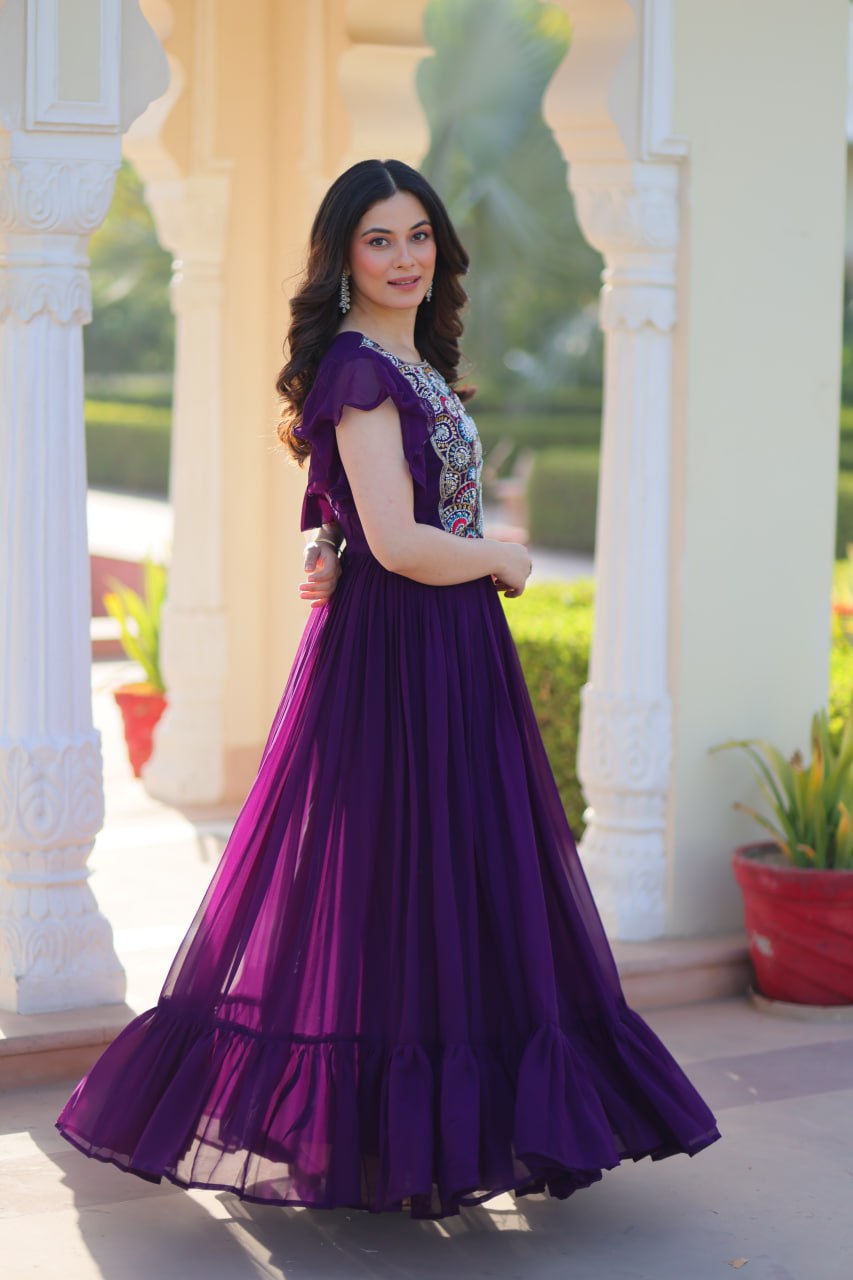 Designer Faux Blooming with Beads &amp; Sequins Multithreaded Embroidery Anarkali set