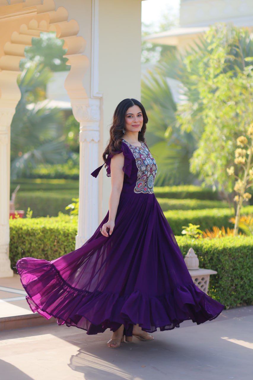 Designer Faux Blooming with Beads &amp; Sequins Multithreaded Embroidery Anarkali set