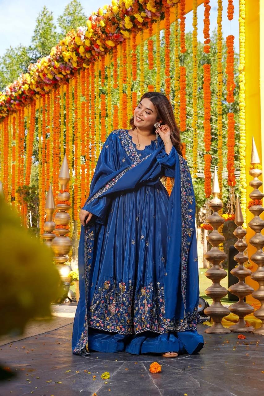Blue Heavy Silk Sequins Embroidered Gown Plazzo Set with Dupatta
