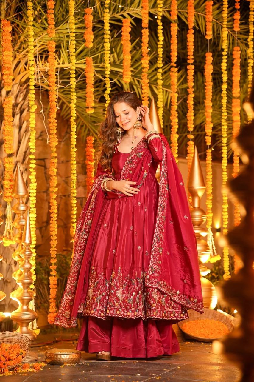 Red Heavy Silk Sequins Embroidered Gown Plazzo Set with Dupatta