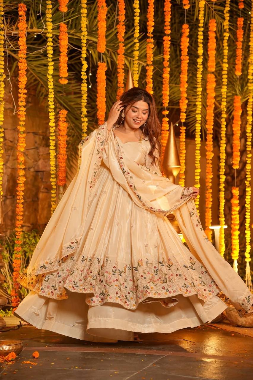 White Heavy Silk Sequins Embroidered Gown Plazzo Set with Dupatta