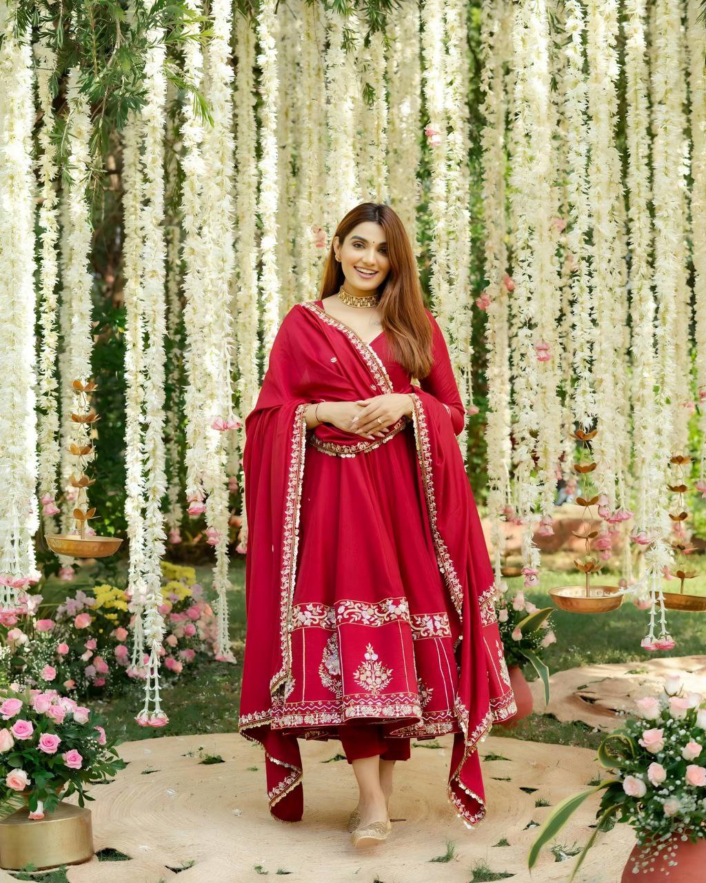 Red Designer Partywear Roman Silk with Heavy Multi Embroidered Sequins And Thread Work Anarkali Kurta Set