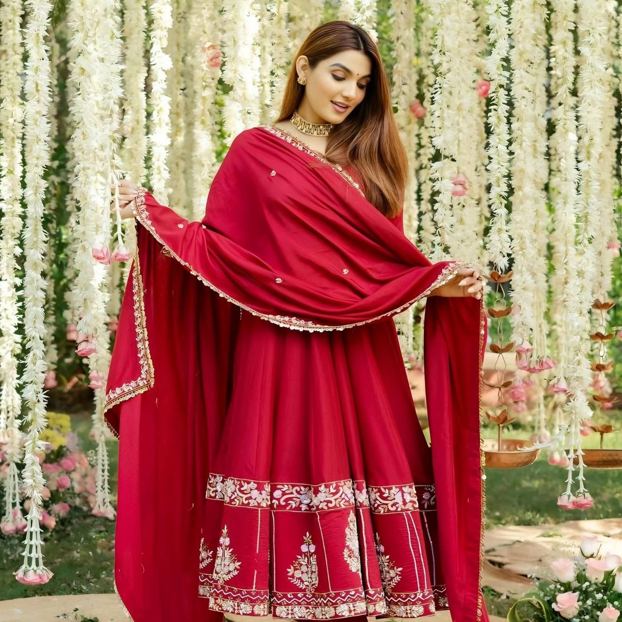 Red Designer Partywear Roman Silk with Heavy Multi Embroidered Sequins And Thread Work Anarkali Kurta Set