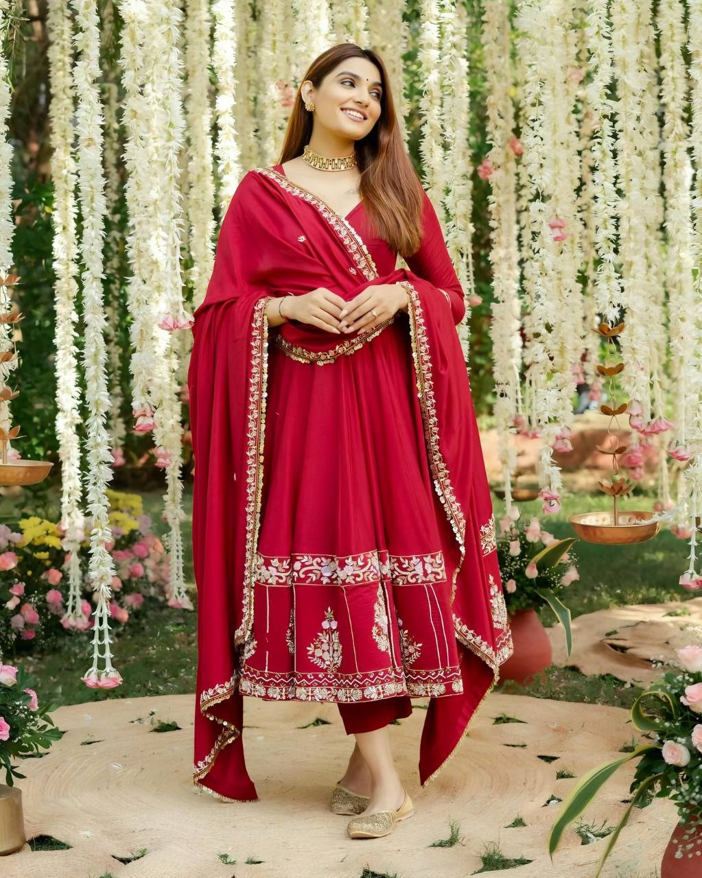 Red Designer Partywear Roman Silk with Heavy Multi Embroidered Sequins And Thread Work Anarkali Kurta Set