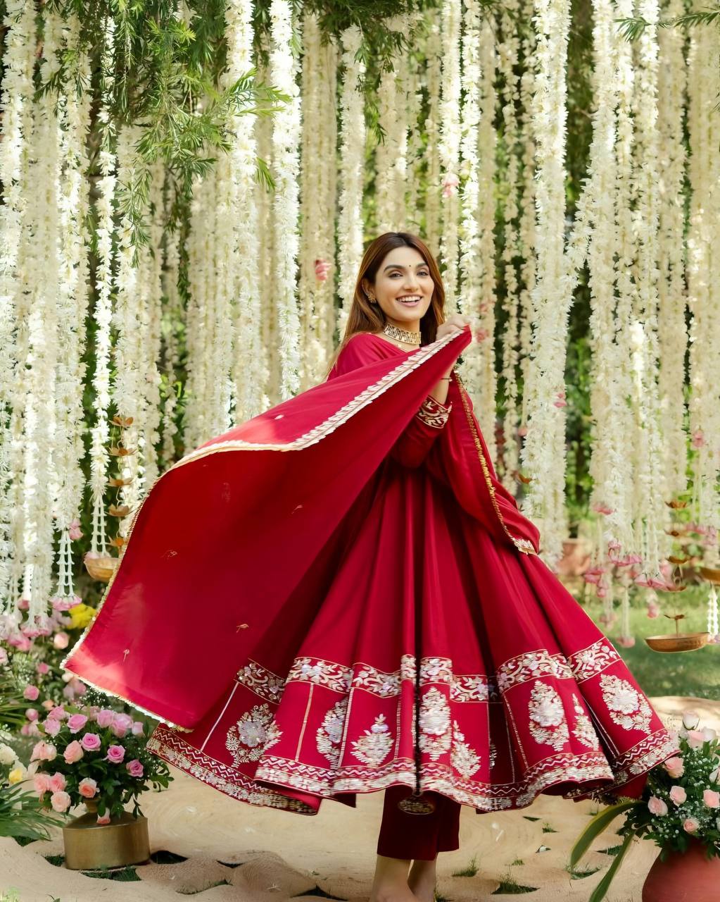 Red Designer Partywear Roman Silk with Heavy Multi Embroidered Sequins And Thread Work Anarkali Kurta Set