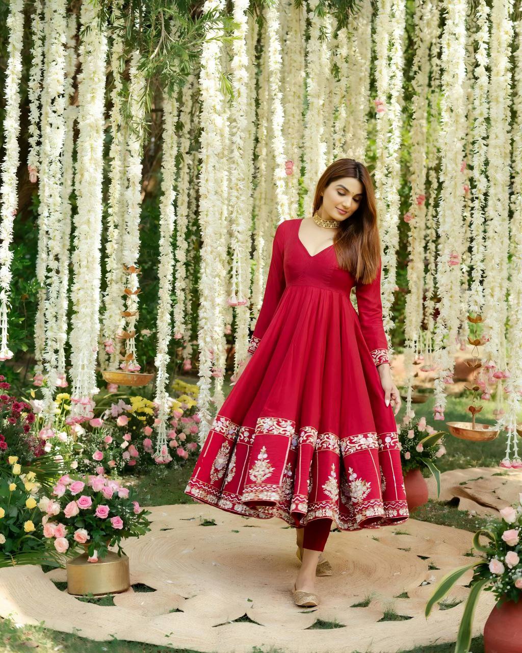 Red Designer Partywear Roman Silk with Heavy Multi Embroidered Sequins And Thread Work Anarkali Kurta Set