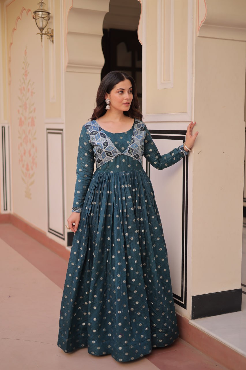 Premium Position Print Jacquard Gown – Rama & Wine | Full Sleeves, Round Neck