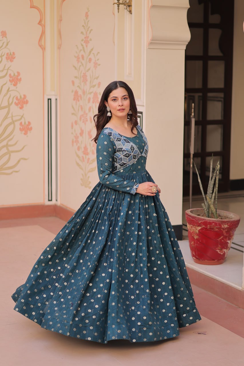 Premium Position Print Jacquard Gown – Rama & Wine | Full Sleeves, Round Neck