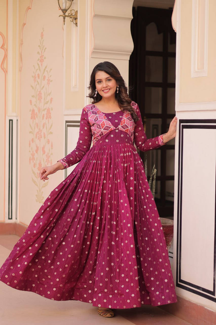 Premium Position Print Jacquard Gown – Rama & Wine | Full Sleeves, Round Neck