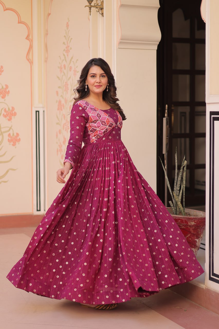 Premium Position Print Jacquard Gown – Rama & Wine | Full Sleeves, Round Neck