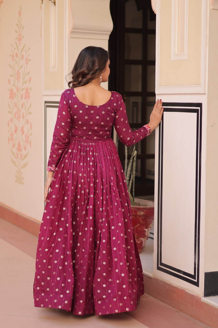 Premium Position Print Jacquard Gown – Rama & Wine | Full Sleeves, Round Neck